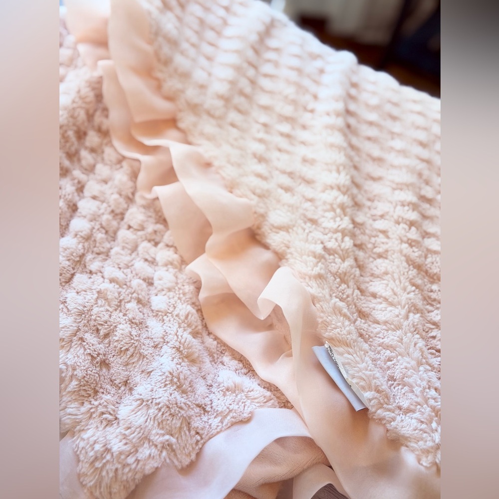 The Peanutshell Pastel Pink Minky Blanket. Chiffon Ruffle Trim. 33”x41” Nursery - Picture 3 of 4